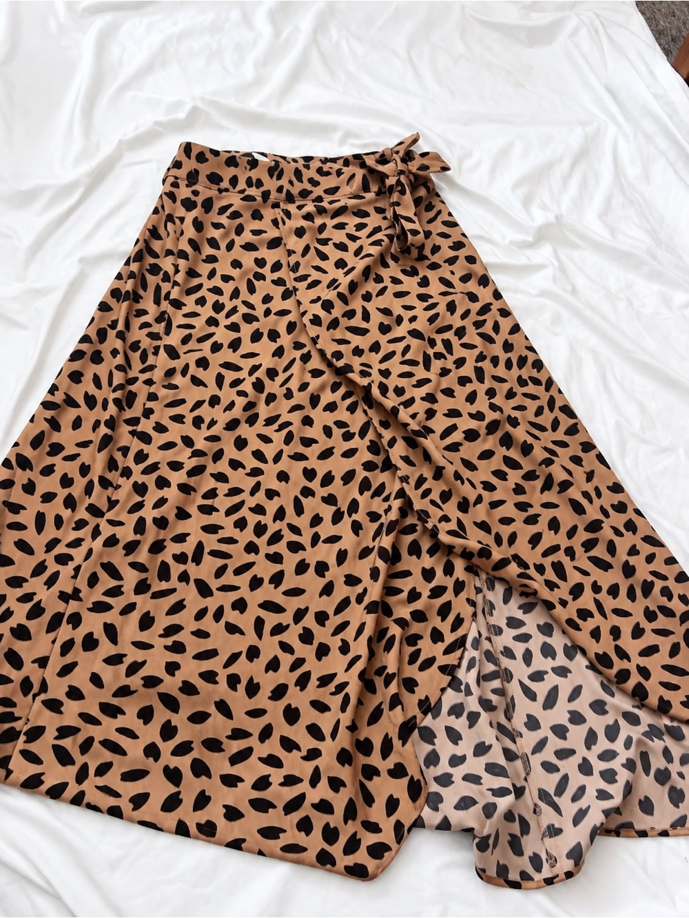 Aakaa Tan Maxi Wrap Skirt with Black Leaf Print Tie